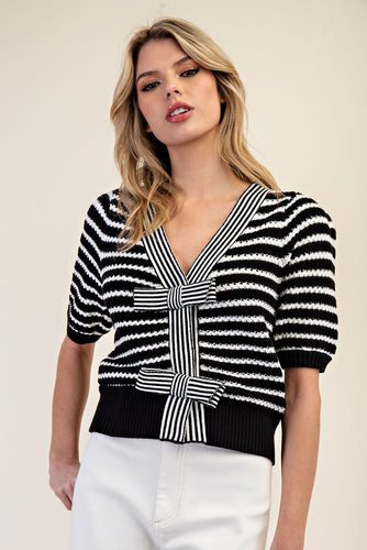 Striped short sleeve knit sweater